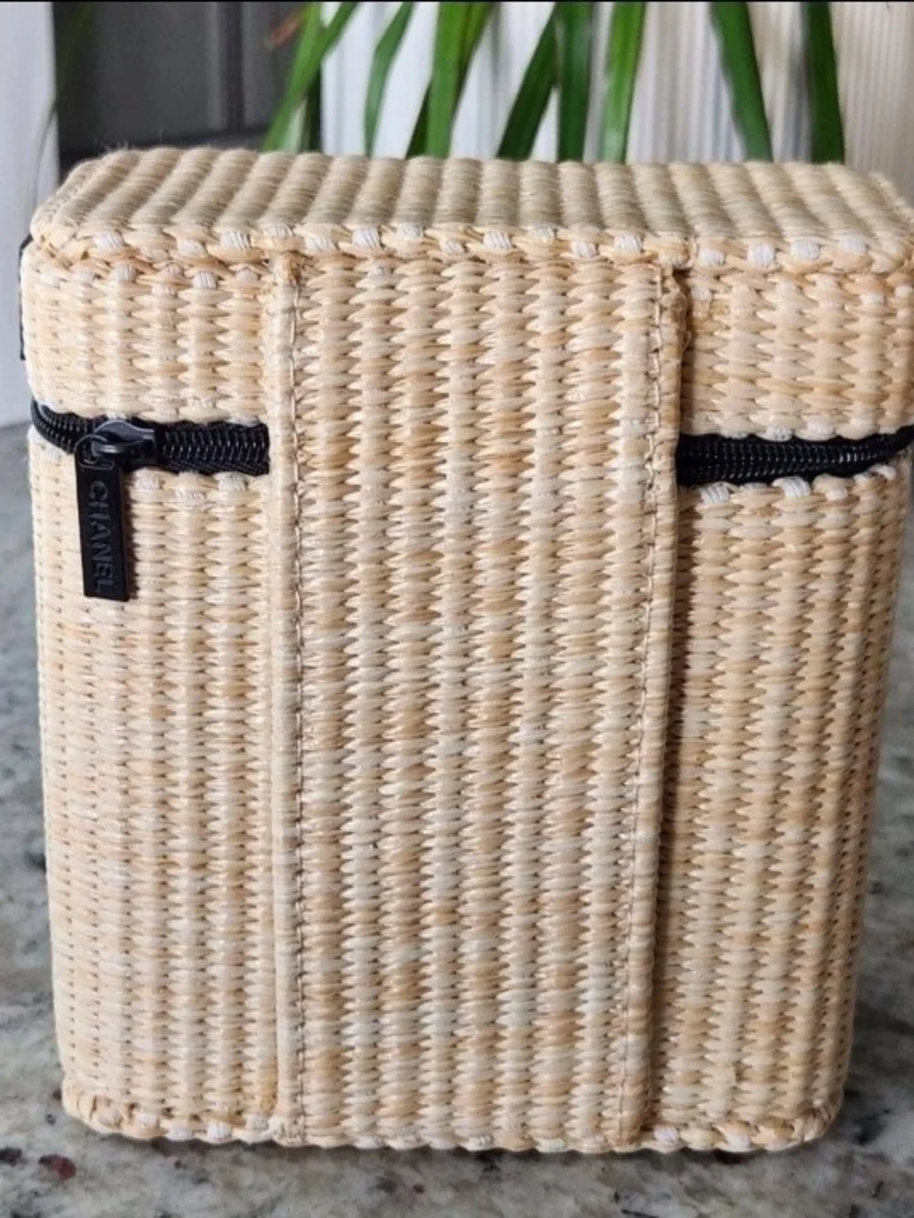 CHANEL Beauté Beige Woven Cosmetic Case with Black Trim and Logo - New!
